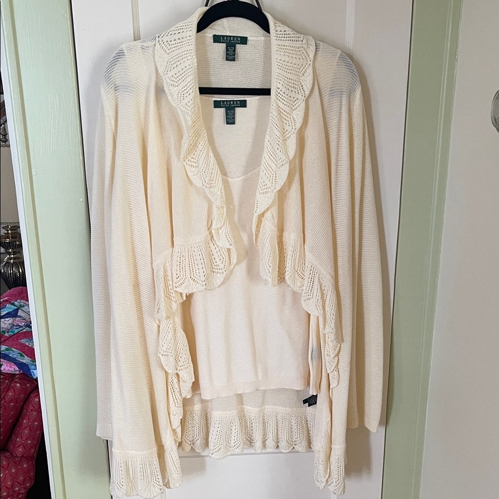 Ralph Lauren Cream Open-Front Ruffle-Trim Cardigan